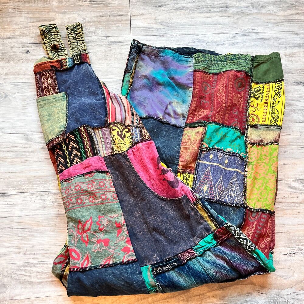 Kathmandu Imports Patchwork Overalls Womens Medium Boho Dungarees Bright